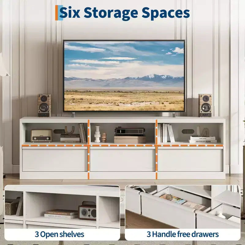 Mobile porta TV da 70", stile moderno di metà secolo, cassetto e ripiani aperti, adatto a TV fino a 80"