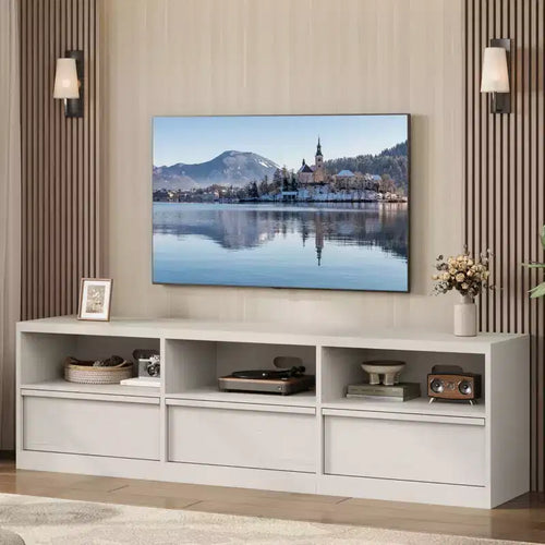 70 inch TV Stand for 80 TVs, Mid Century Modern Entertainment Center with Storage Drawer & Open Shelves