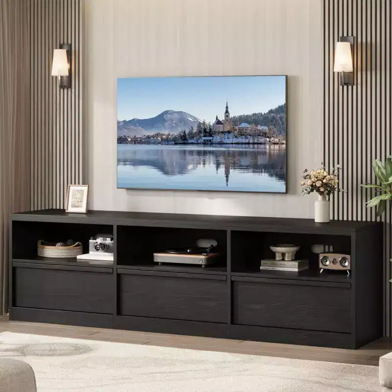 Mobile porta TV da 70", stile moderno di metà secolo, cassetto e ripiani aperti, adatto a TV fino a 80"