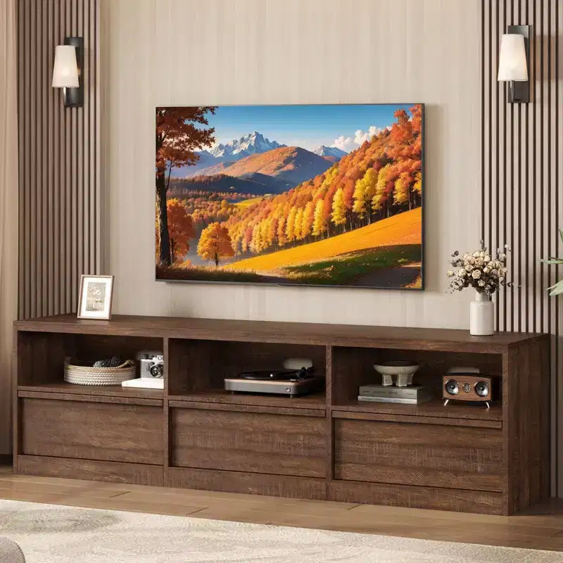 Mobile porta TV da 70", stile moderno di metà secolo, cassetto e ripiani aperti, adatto a TV fino a 80"