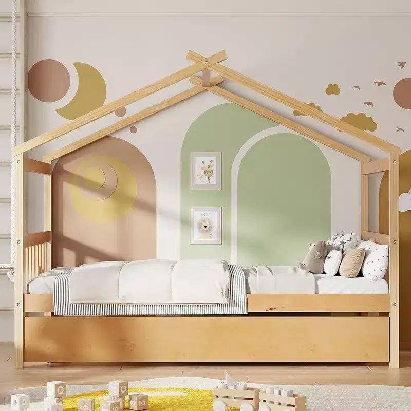 Letto singolo a capanna con letto estraibile, per 2 persone (Grigio/Naturale/Noce/Bianco)