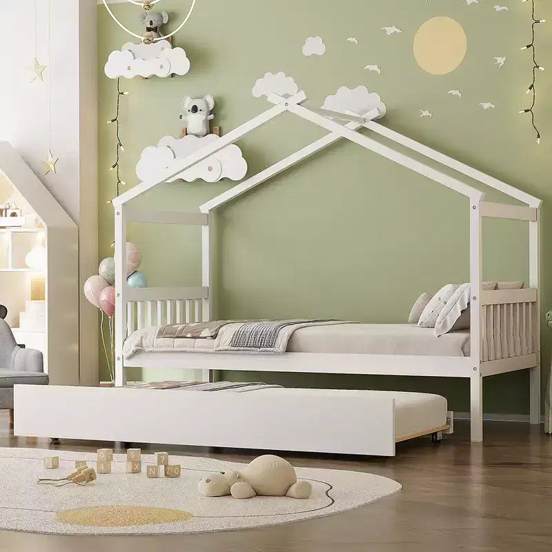 Letto singolo a capanna con letto estraibile, per 2 persone (Grigio/Naturale/Noce/Bianco)