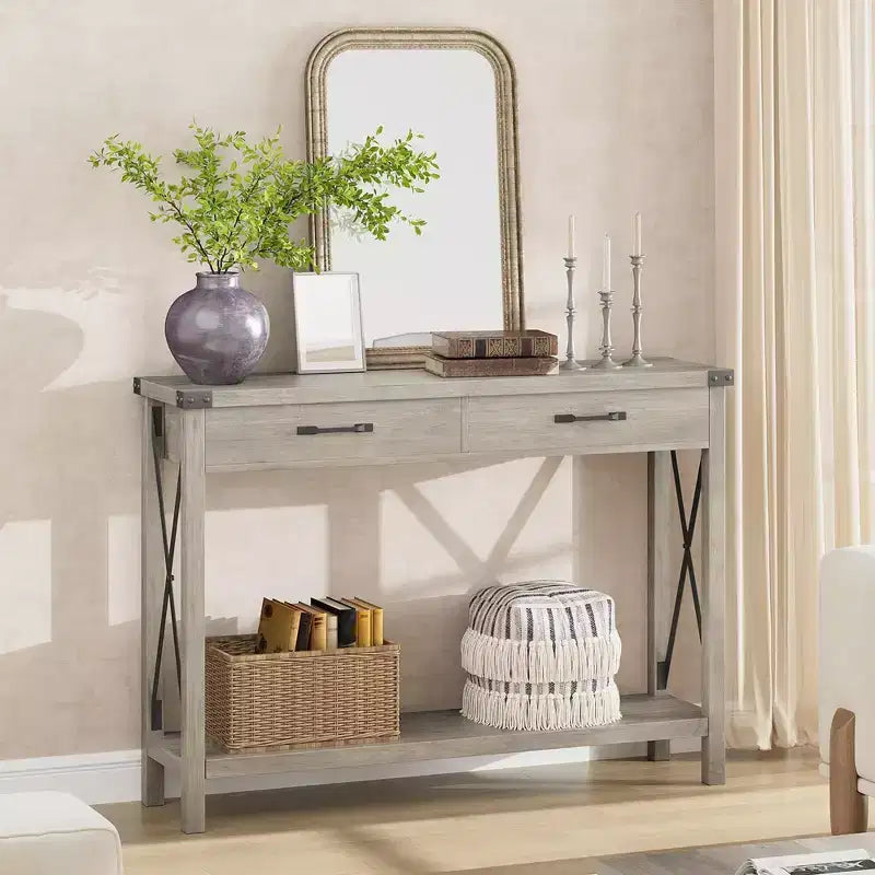 Nero/Grigio/Bianco+Marrone 31" Tavolo Consolle a 2 Cassetti con Scaffale Aperto, per 1