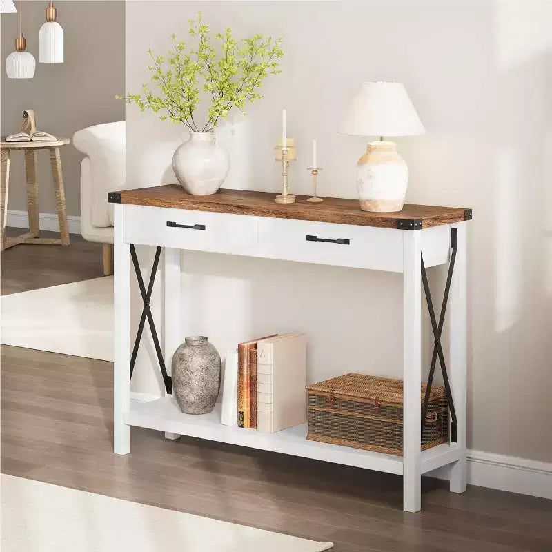 Nero/Grigio/Bianco+Marrone 31" Tavolo Consolle a 2 Cassetti con Scaffale Aperto, per 1