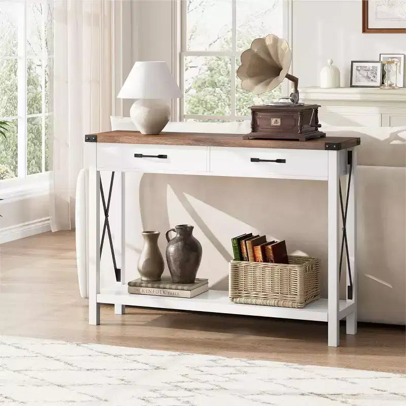 Nero/Grigio/Bianco+Marrone 31" Tavolo Consolle a 2 Cassetti con Scaffale Aperto, per 1
