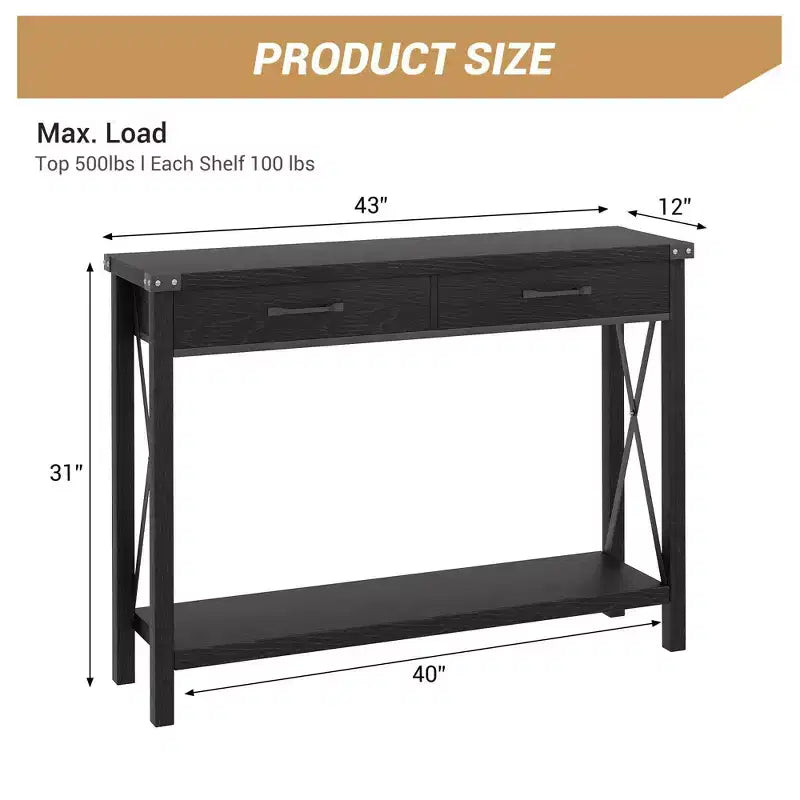 Nero/Grigio/Bianco+Marrone 31" Tavolo Consolle a 2 Cassetti con Scaffale Aperto, per 1