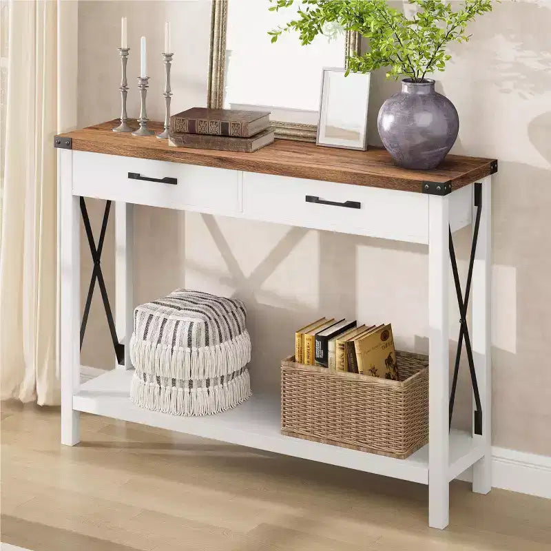 Nero/Grigio/Bianco+Marrone 31" Tavolo Consolle a 2 Cassetti con Scaffale Aperto, per 1