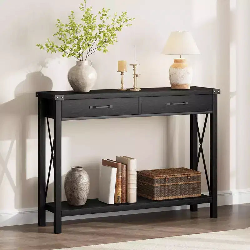 Nero/Grigio/Bianco+Marrone 31" Tavolo Consolle a 2 Cassetti con Scaffale Aperto, per 1