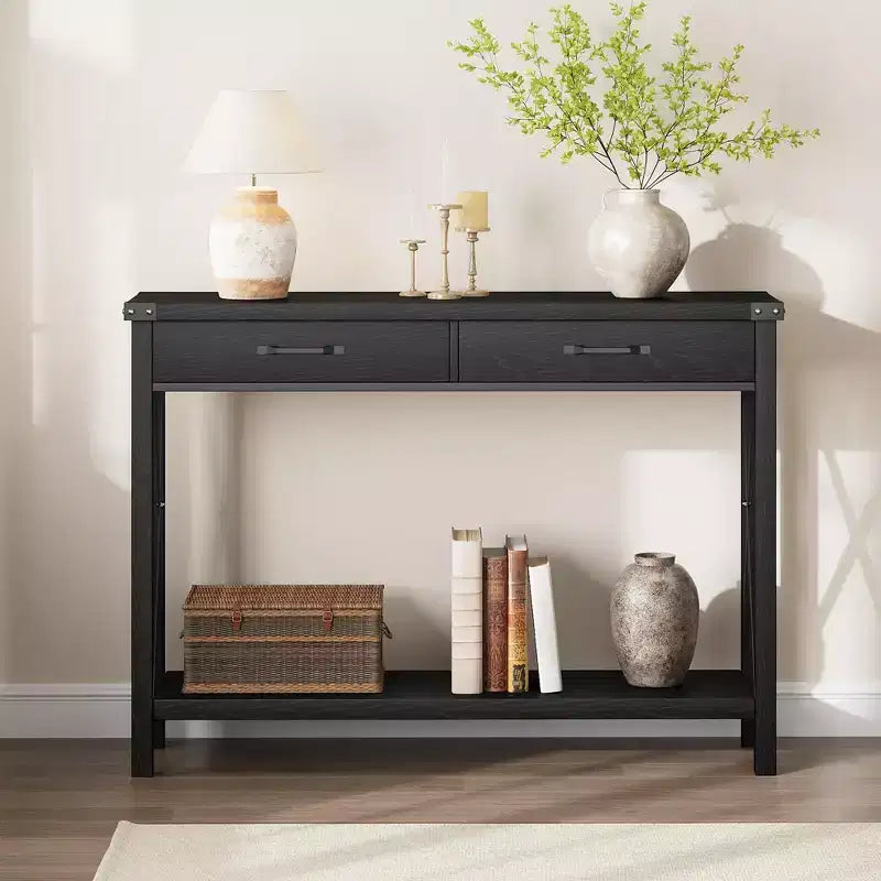 Nero/Grigio/Bianco+Marrone 31" Tavolo Consolle a 2 Cassetti con Scaffale Aperto, per 1