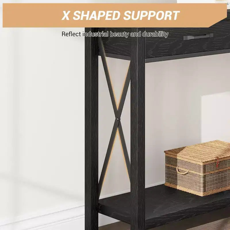 Nero/Grigio/Bianco+Marrone 31" Tavolo Consolle a 2 Cassetti con Scaffale Aperto, per 1