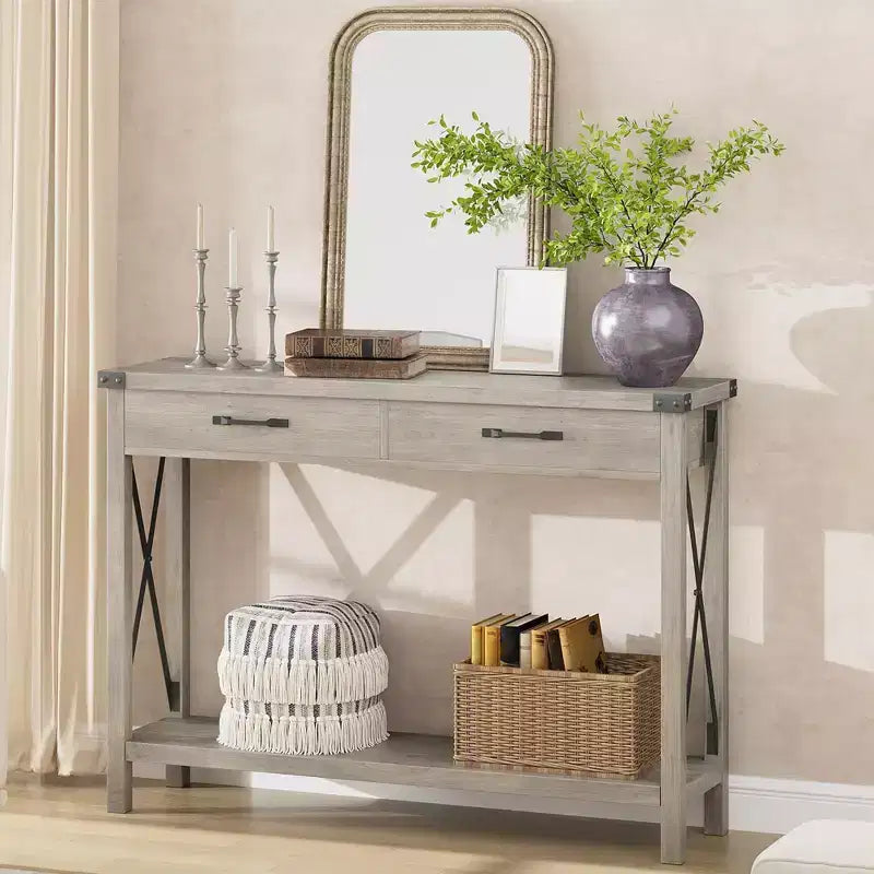 Nero/Grigio/Bianco+Marrone 31" Tavolo Consolle a 2 Cassetti con Scaffale Aperto, per 1