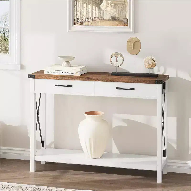 Nero/Grigio/Bianco+Marrone 31" Tavolo Consolle a 2 Cassetti con Scaffale Aperto, per 1
