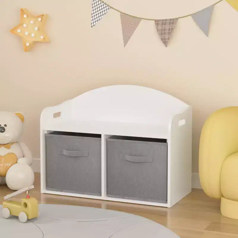 Panca contenitore per bambini bianca con 2 cassetti in tessuto