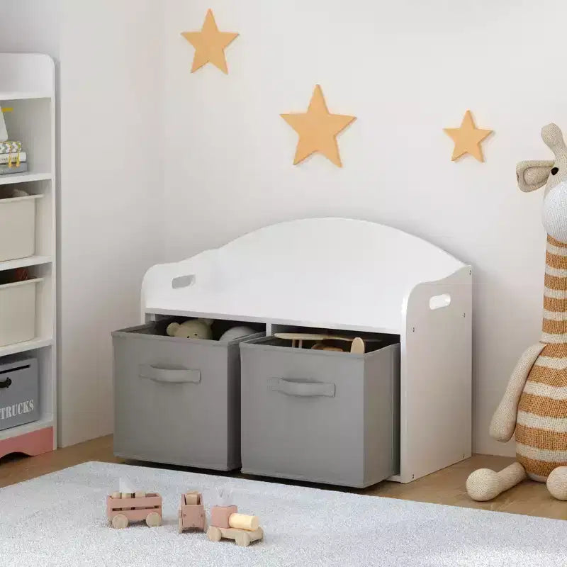 Panca contenitore per bambini bianca con 2 cassetti in tessuto