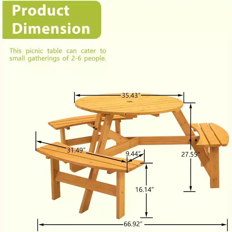 Tavolo da picnic quadrato in legno naturale con 3 panchine, 6 posti