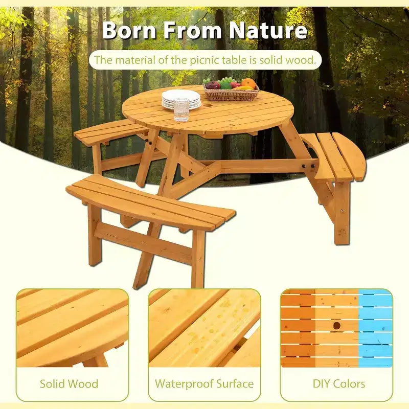 Tavolo da picnic quadrato in legno naturale con 3 panchine, 6 posti