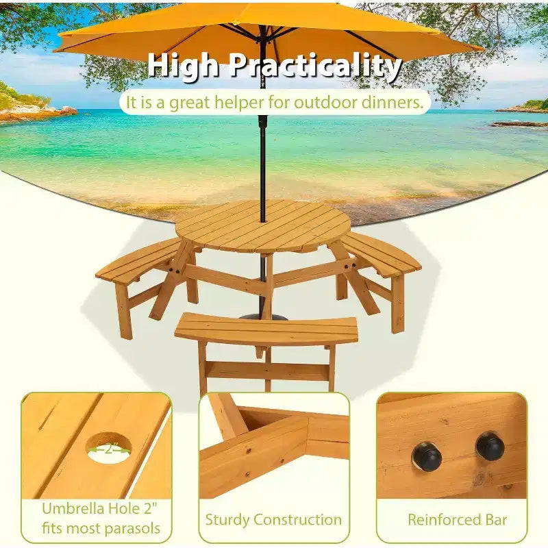 Tavolo da picnic quadrato in legno naturale con 3 panchine, 6 posti