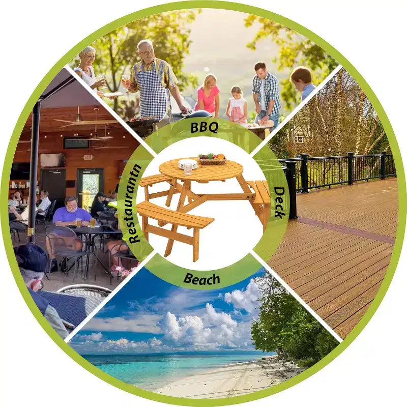 Tavolo da picnic quadrato in legno naturale con 3 panchine, 6 posti