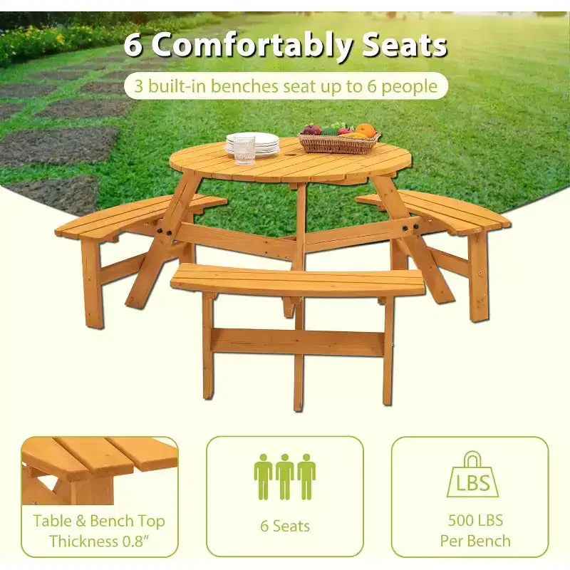 Tavolo da picnic quadrato in legno naturale con 3 panchine, 6 posti