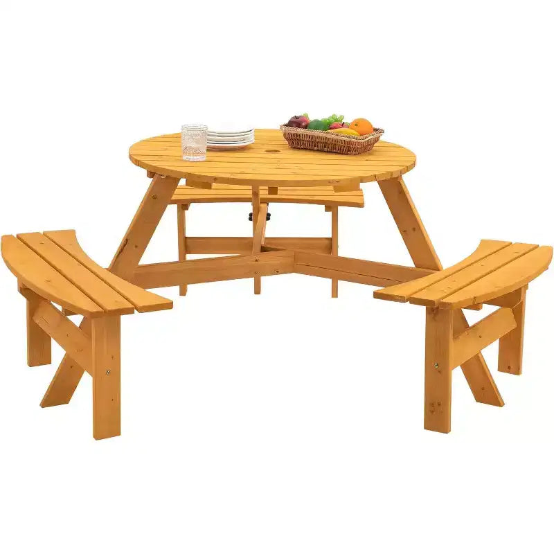 Tavolo da picnic quadrato in legno naturale con 3 panchine, 6 posti