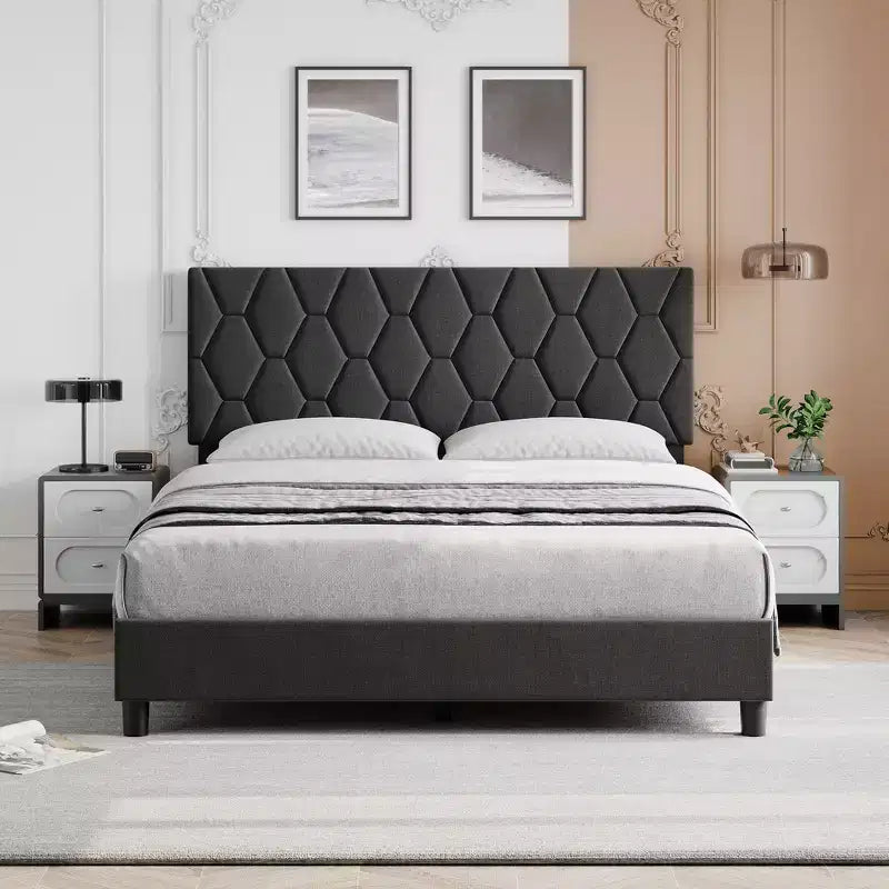 Letto a piattaforma in tessuto imbottito grigio con testiera, matrimoniale francese, per 1 persona