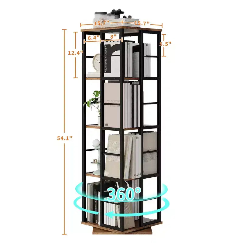 Libreria ad Angolo Girevole a 360° a 4 Ripiani Nera/Marrone/Bianca, Telaio in Metallo, Monoutente, Alta 137 cm