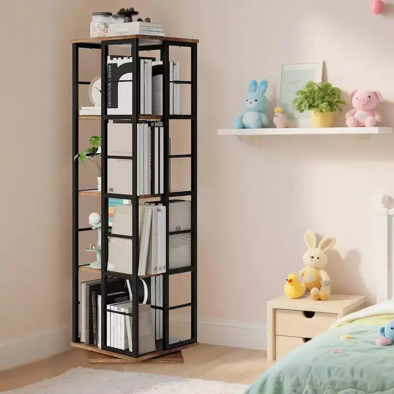 Libreria ad Angolo Girevole a 360° a 4 Ripiani Nera/Marrone/Bianca, Telaio in Metallo, Monoutente, Alta 137 cm