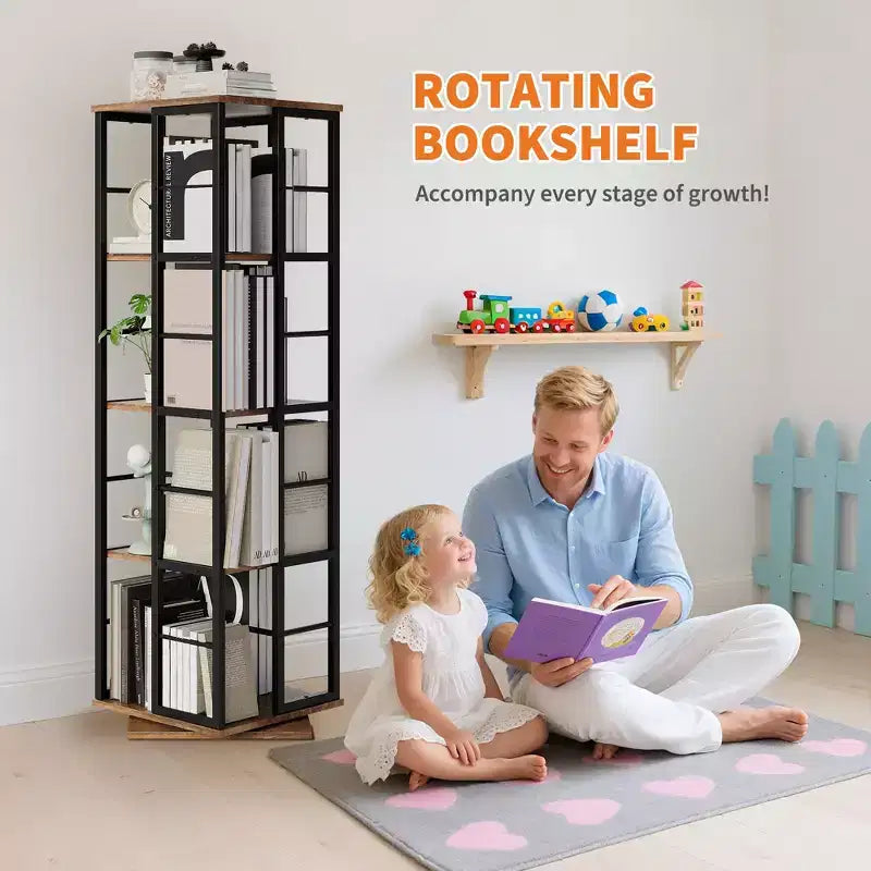 Libreria ad Angolo Girevole a 360° a 4 Ripiani Nera/Marrone/Bianca, Telaio in Metallo, Monoutente, Alta 137 cm