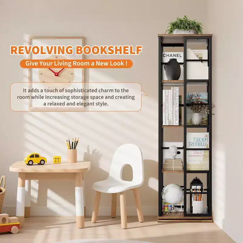 Libreria ad Angolo Girevole a 360° a 4 Ripiani Nera/Marrone/Bianca, Telaio in Metallo, Monoutente, Alta 137 cm