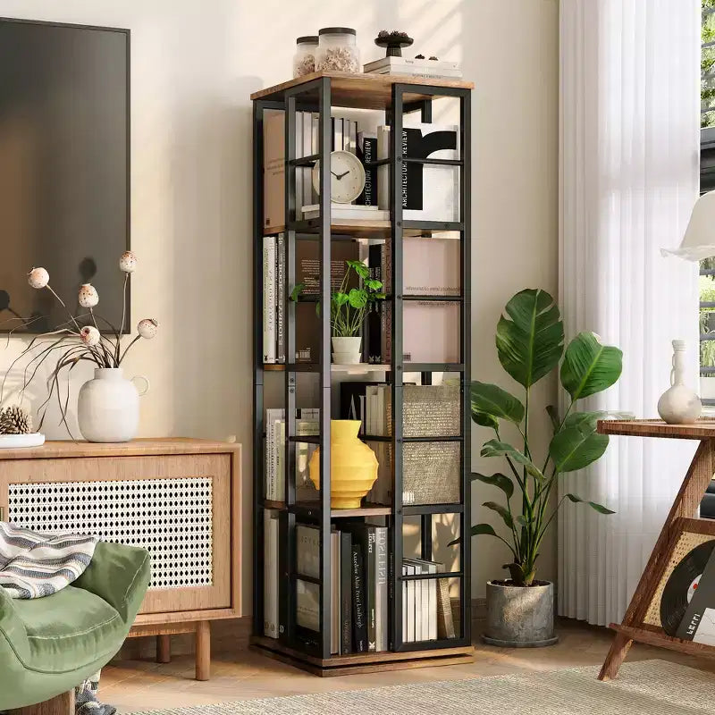 Libreria ad Angolo Girevole a 360° a 4 Ripiani Nera/Marrone/Bianca, Telaio in Metallo, Monoutente, Alta 137 cm