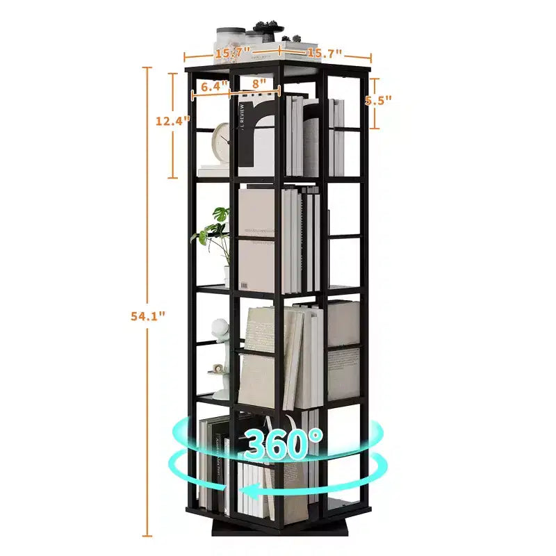 Libreria ad Angolo Girevole a 360° a 4 Ripiani Nera/Marrone/Bianca, Telaio in Metallo, Monoutente, Alta 137 cm