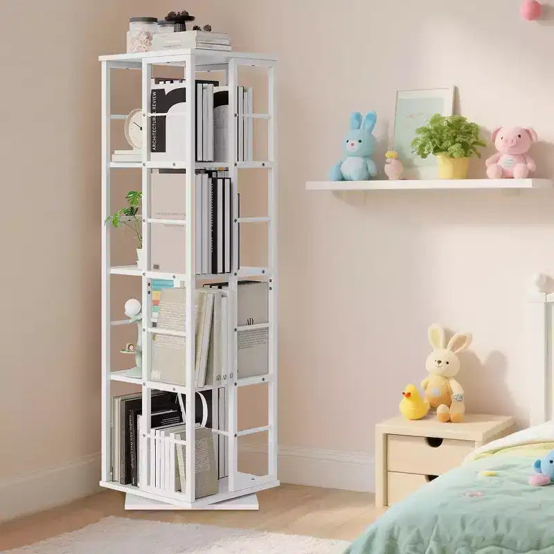 Libreria ad Angolo Girevole a 360° a 4 Ripiani Nera/Marrone/Bianca, Telaio in Metallo, Monoutente, Alta 137 cm