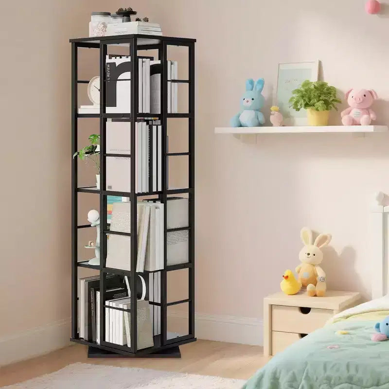 Libreria ad Angolo Girevole a 360° a 4 Ripiani Nera/Marrone/Bianca, Telaio in Metallo, Monoutente, Alta 137 cm