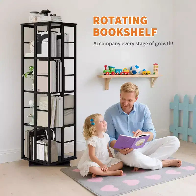Libreria ad Angolo Girevole a 360° a 4 Ripiani Nera/Marrone/Bianca, Telaio in Metallo, Monoutente, Alta 137 cm