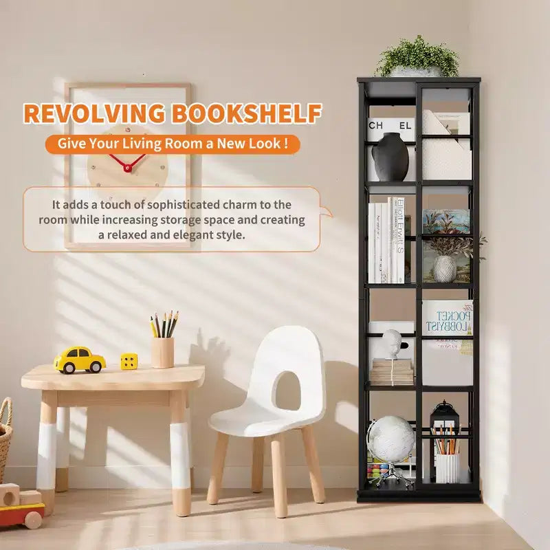 Libreria ad Angolo Girevole a 360° a 4 Ripiani Nera/Marrone/Bianca, Telaio in Metallo, Monoutente, Alta 137 cm