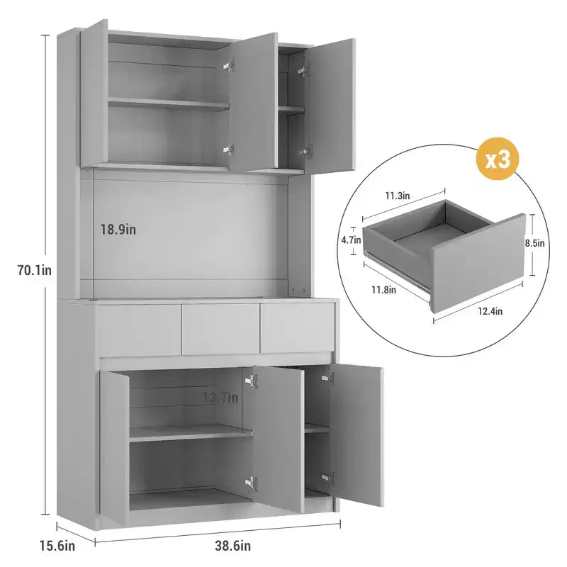 Credenza dispensa da 70" (178 cm) Nera/Grigia/Bianca con Stazione di Ricarica, Supporto per Microonde e 3 Cassetti