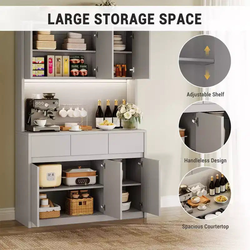 Credenza dispensa da 70" (178 cm) Nera/Grigia/Bianca con Stazione di Ricarica, Supporto per Microonde e 3 Cassetti