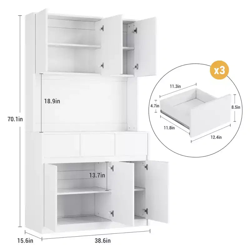 Credenza dispensa da 70" (178 cm) Nera/Grigia/Bianca con Stazione di Ricarica, Supporto per Microonde e 3 Cassetti