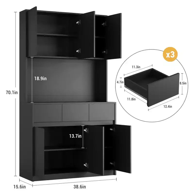 Credenza dispensa da 70" (178 cm) Nera/Grigia/Bianca con Stazione di Ricarica, Supporto per Microonde e 3 Cassetti