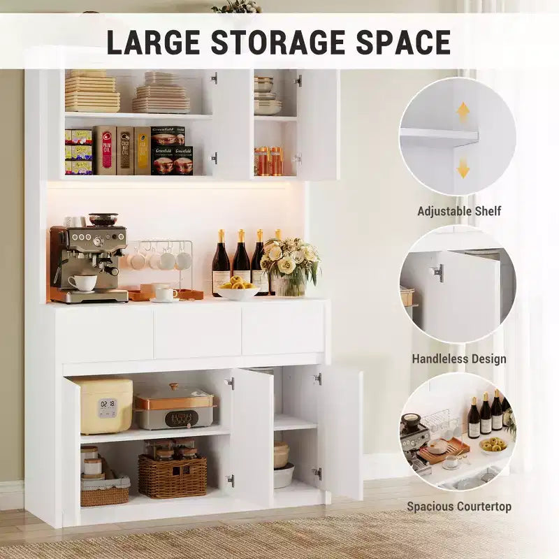 Credenza dispensa da 70" (178 cm) Nera/Grigia/Bianca con Stazione di Ricarica, Supporto per Microonde e 3 Cassetti