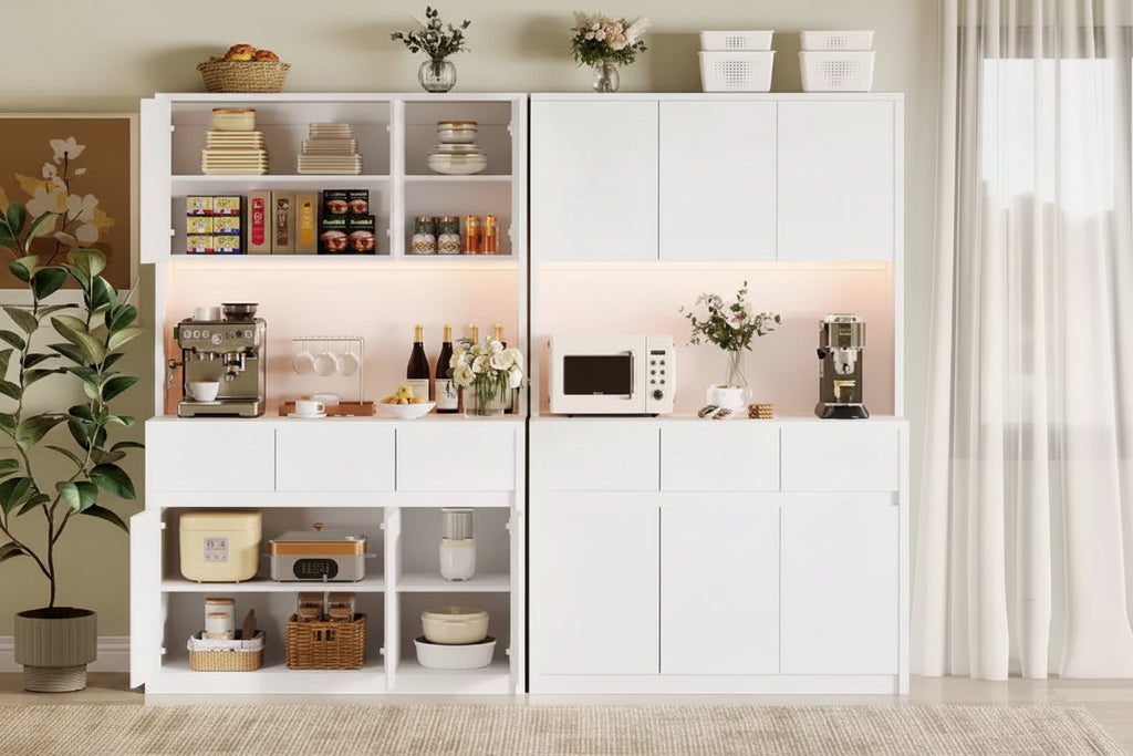 Credenza dispensa da 70" (178 cm) Nera/Grigia/Bianca con Stazione di Ricarica, Supporto per Microonde e 3 Cassetti