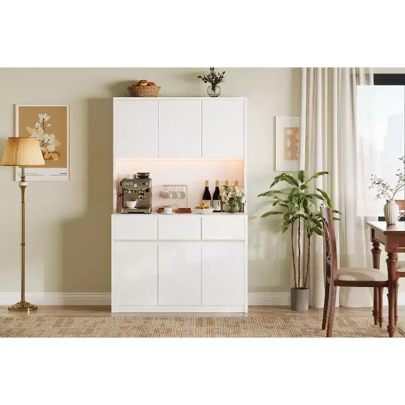Credenza dispensa da 70" (178 cm) Nera/Grigia/Bianca con Stazione di Ricarica, Supporto per Microonde e 3 Cassetti