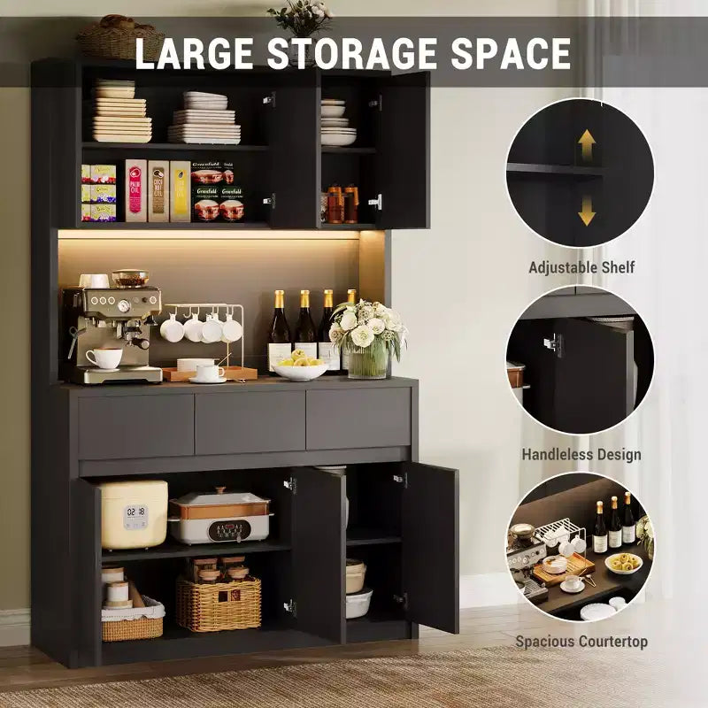 Credenza dispensa da 70" (178 cm) Nera/Grigia/Bianca con Stazione di Ricarica, Supporto per Microonde e 3 Cassetti