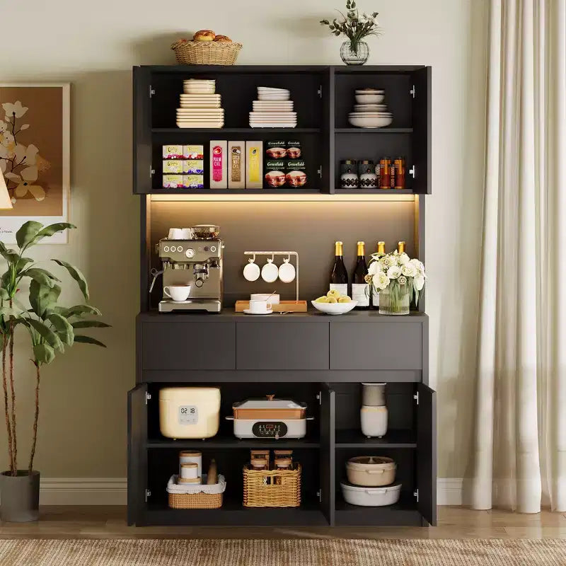Credenza dispensa da 70" (178 cm) Nera/Grigia/Bianca con Stazione di Ricarica, Supporto per Microonde e 3 Cassetti