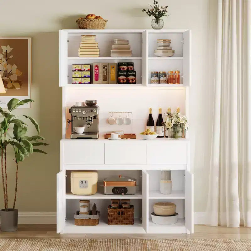 Credenza dispensa da 70" (178 cm) Nera/Grigia/Bianca con Stazione di Ricarica, Supporto per Microonde e 3 Cassetti