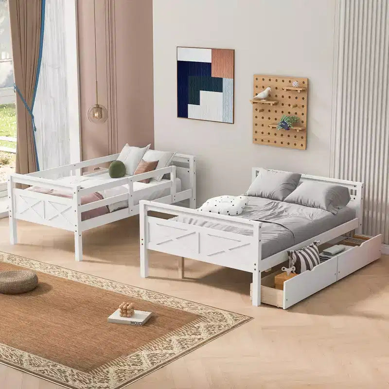 Letto a castello grigio/bianco singolo su una piazza e mezza con cassetti, per 2