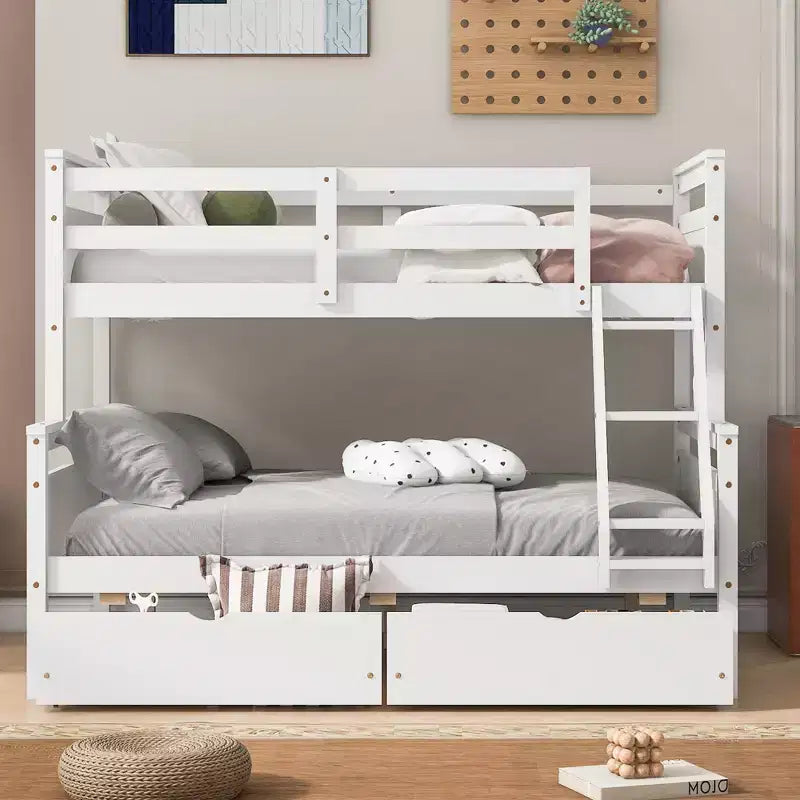 Letto a castello grigio/bianco singolo su una piazza e mezza con cassetti, per 2
