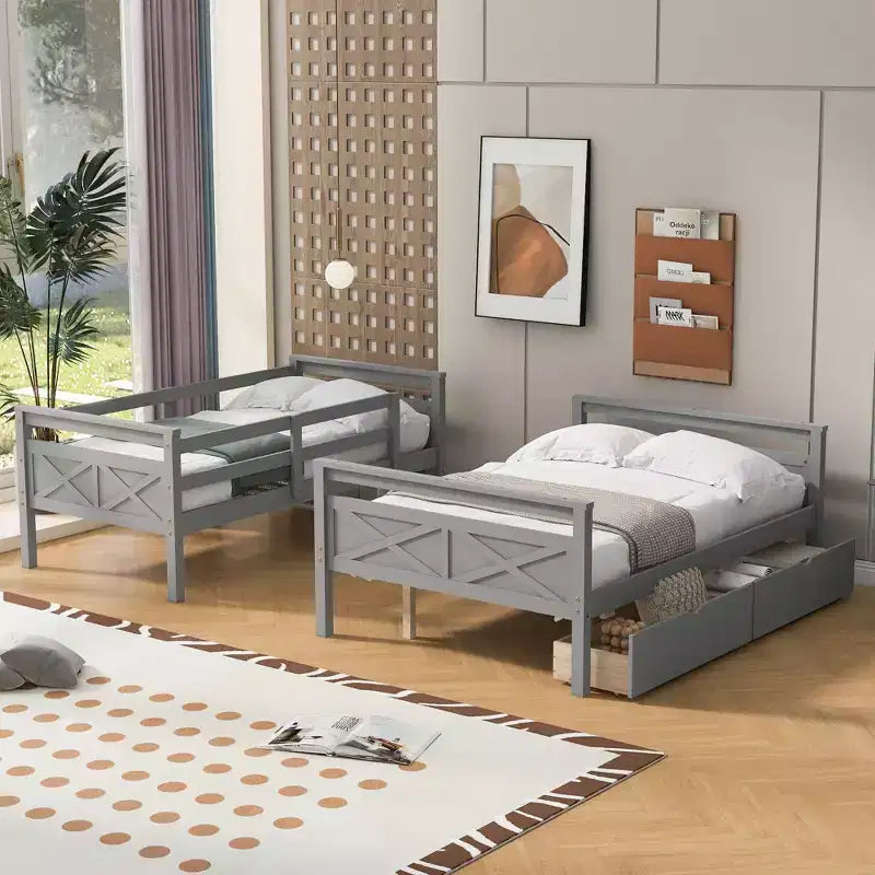 Letto a castello grigio/bianco singolo su una piazza e mezza con cassetti, per 2