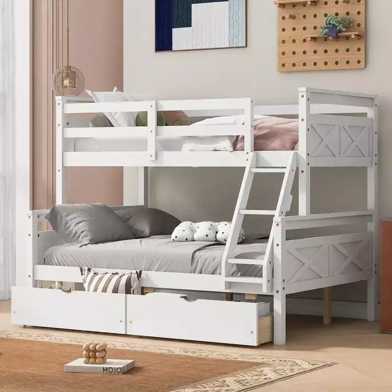 Letto a castello grigio/bianco singolo su una piazza e mezza con cassetti, per 2