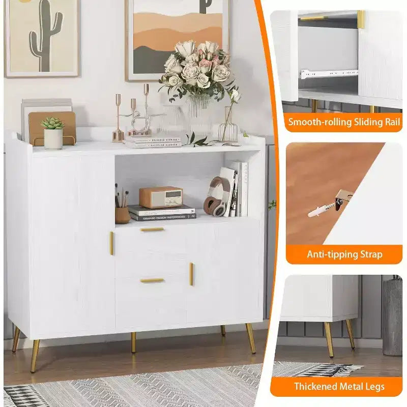 Credenza/Mobile Buffet da 40" bianco/nero, 2 cassetti e 2 ante, struttura in legno